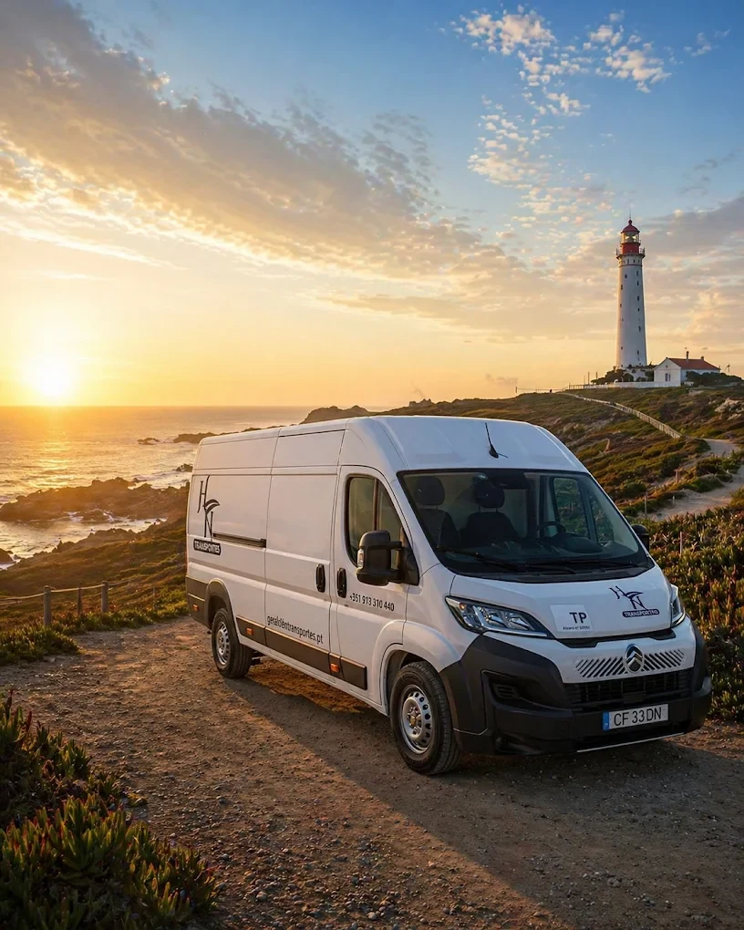 Carrinha branca da HN Transportes estacionada junto a um farol ao pôr-do-sol